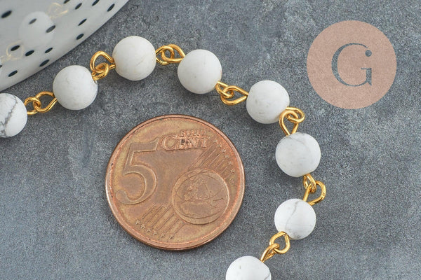 Chaine dorée perle howlite naturelle 6.5mm, chaine pierre, pierre naturelle chaine lunettes, x 1Mètre G4141