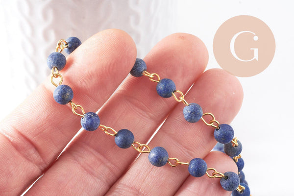Chaine dorée perle lapis lazulis naturelle 6.5mm, x 1 mètre (G4216)