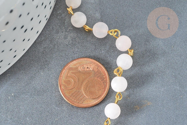 Chaine dorée perle quartz rose ronde 6.5mm, x1 Mètre (G7357)