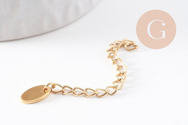 Chaine extension acier inoxydable doré PVD avec charm goutte de finition 55mm, x5 (G4625)