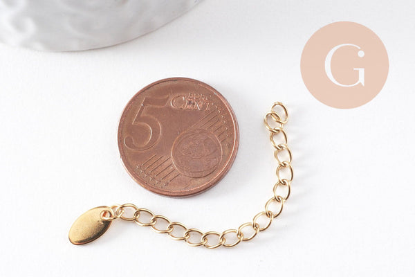 Chaine extension acier inoxydable doré PVD avec charm goutte de finition 55mm, x5 (G4625)