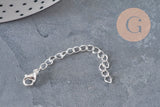 Silver stainless steel extension chain with clasp 62mm, x1 (G11190)