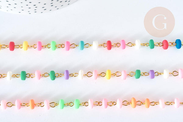 Chaine fer doré perles disques polymère multicolore heishi 6~7x3mm, bijoux heishi coloré, x1m (G7306)