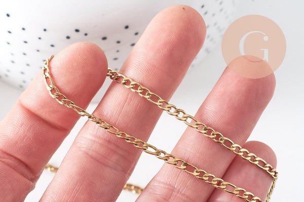Chaine figaro acier 304 inoxydable doré IP 18k 4x3mm, x1 mètre (G1692)