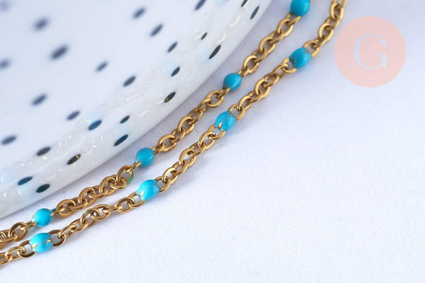 Chaîne fine acier doré inoxydable émail bleu turquoise 43cm, sans nickel, x1 G7113