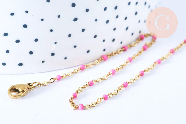 Chaîne fine avec fermoir acier doré inoxydable émail rose 45cm, création bijoux fantaisie sans nickel, x1 (G7130)
