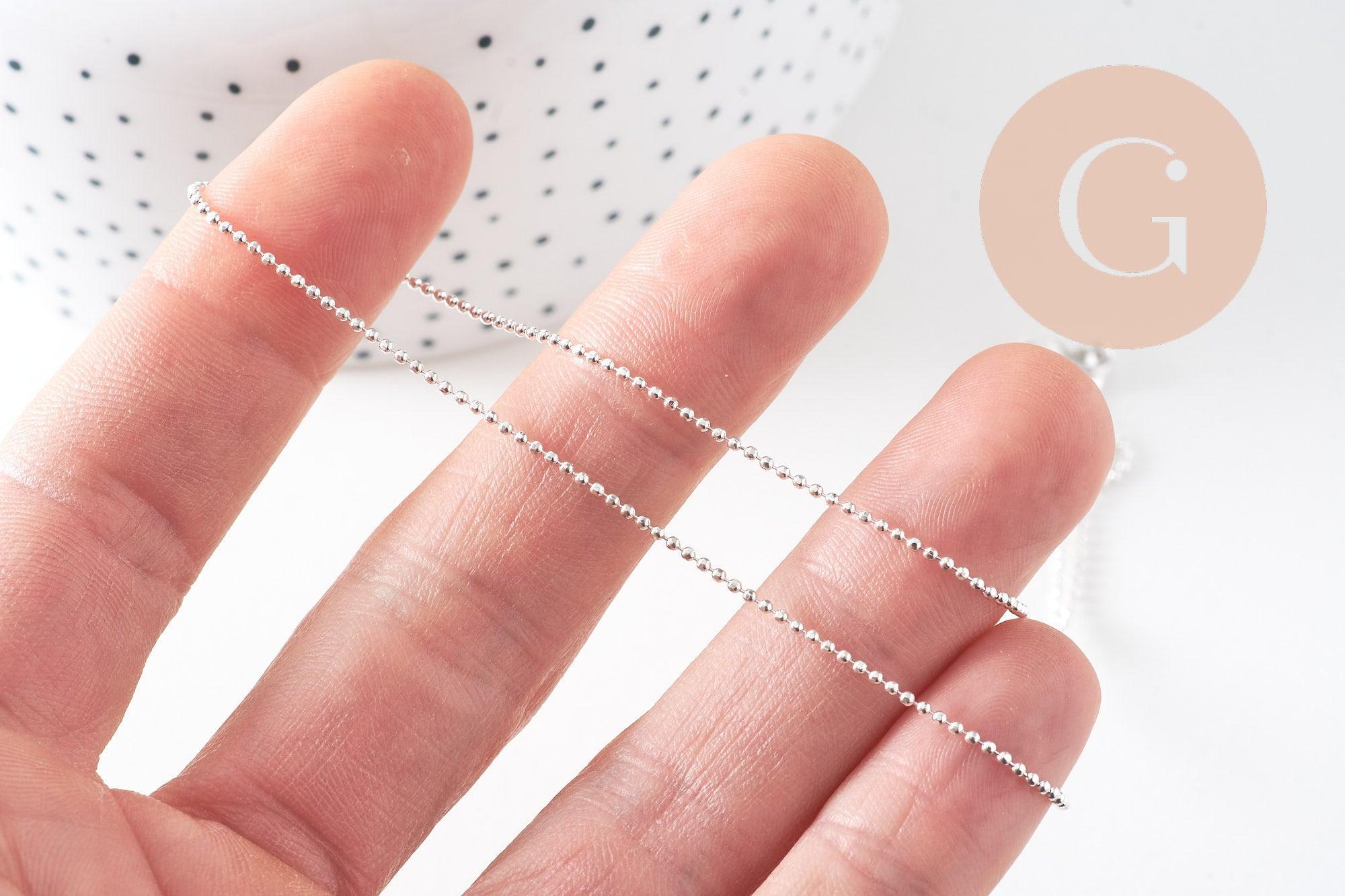 Collier Chaine fine laiton argenté boule facettes 1.2mm/45cm,chaine collier laiton argenté chaine complète avec fermoir x1 (G6201)