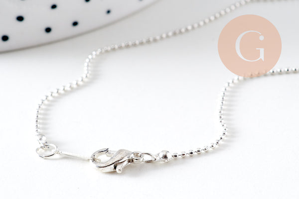 Chaine fine laiton argenté boule facettes 1.2mm/45cm,chaine collier laiton argenté chaine complète avec fermoir x1 (G6201)