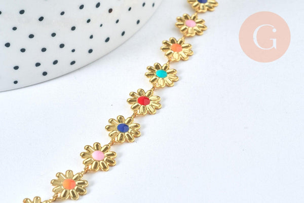 Chaine fleurs laiton doré 18 carats 13.5mm émail multicolore, x1 mètre (G6786)