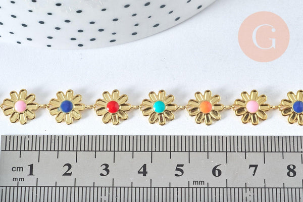 Chaine fleurs laiton doré 18 carats 13.5mm émail multicolore, x1 mètre (G6786)
