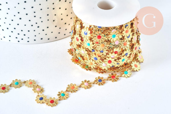 Chaine fleurs laiton doré 18 carats 13.5mm émail multicolore, x1 mètre (G6786)