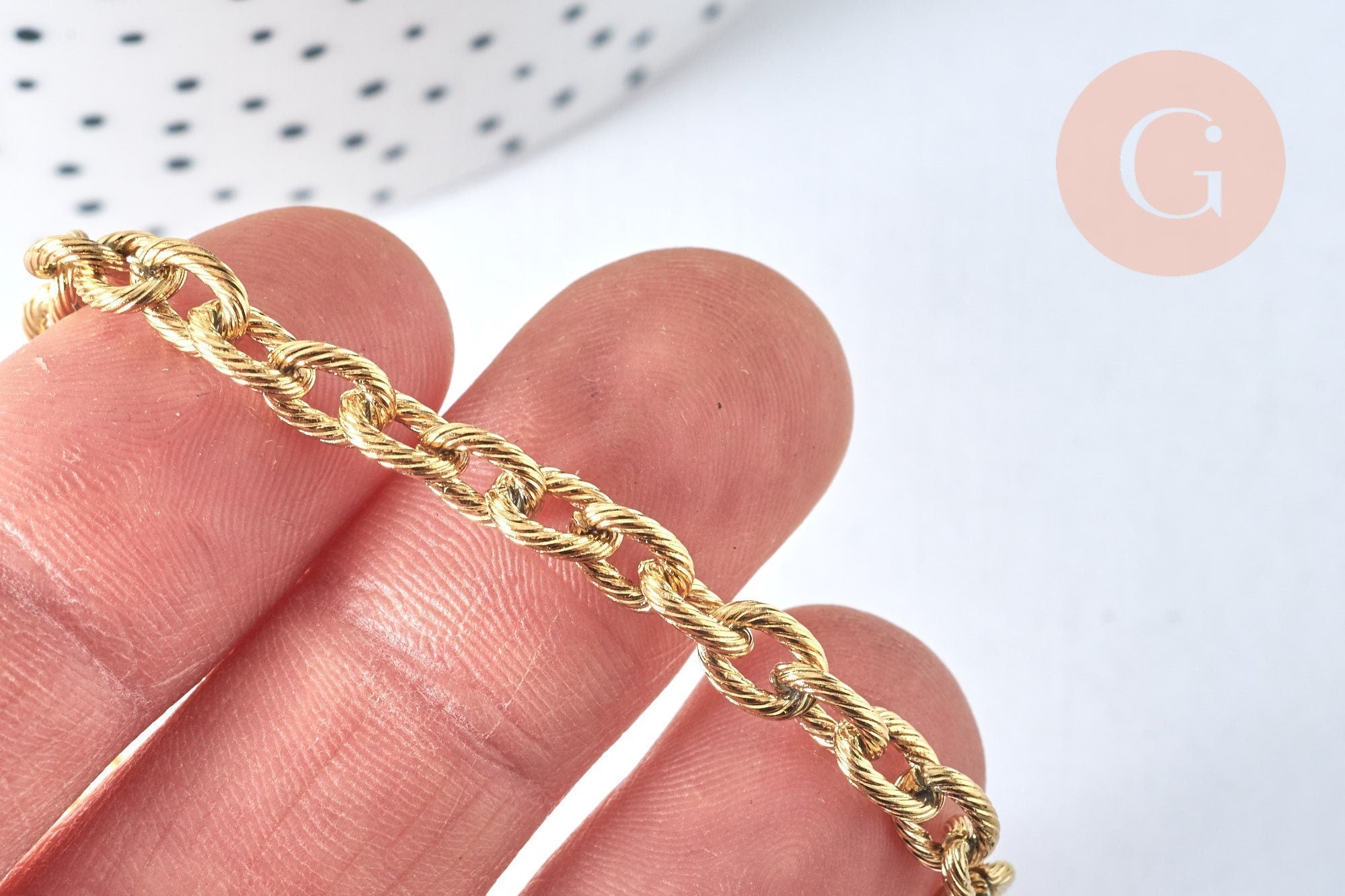 Chaine forçat texturée acier inoxydable doré IP 14k 7x5.5mm, x1 mètre (G6781)