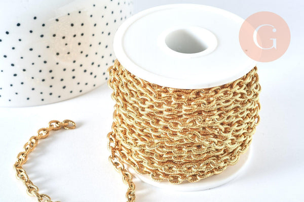 Chaine forçat texturée acier inoxydable doré IP 14k 7x5.5mm, x1 mètre (G6781)