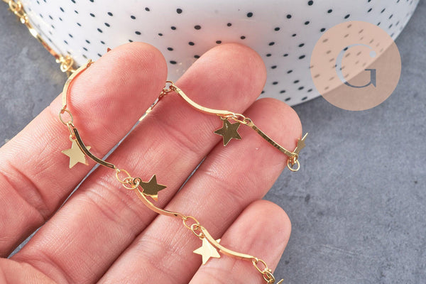 Chaine laiton doré 18 carats étoiles, chaine dorée fantaisie 16mm, x1 mètre (G4169)