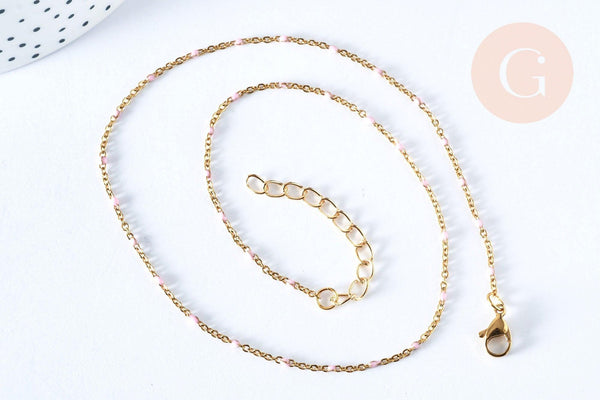 Chaine laiton doré 18k fantaisie résine rose,chaine fantaisie dore,chaine complète,2mm,40cm, x1 G3488