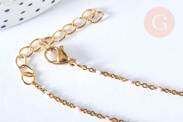 Chaine laiton doré 18k fantaisie résine rose,chaine fantaisie dore,chaine complète,2mm,40cm, x1 G3488