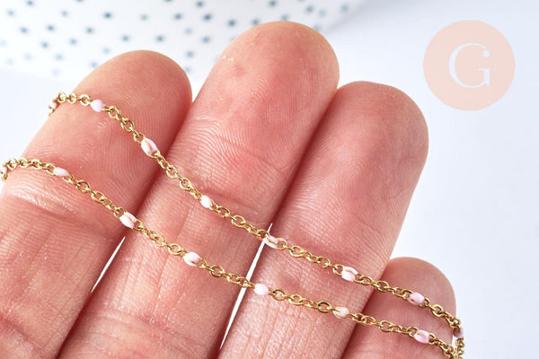 Chaine laiton doré 18k fantaisie résine rose,chaine fantaisie dore,chaine complète,2mm,40cm, x1 G3488