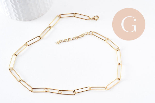 Chaine maille rectangle acier inoxydable doré complète avec fermoir 10x3.5mm, x1 (G10112)