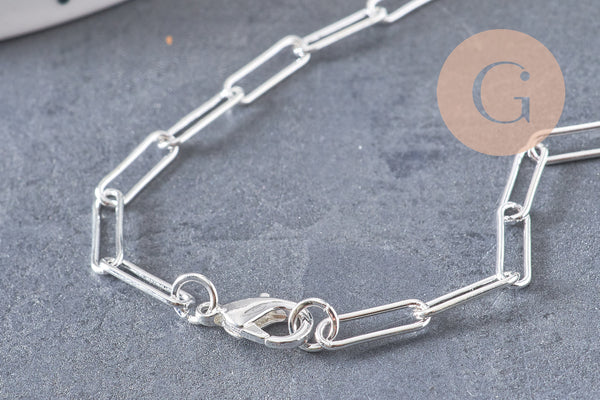 Chaine maille rectangle laiton argentée complète avec fermoir 12x3.5mm, x1 (G3171)