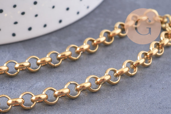 Chaine maille rollo acier 304 inoxydable doré IP 18k 6mm, x1 mètre (G2840)