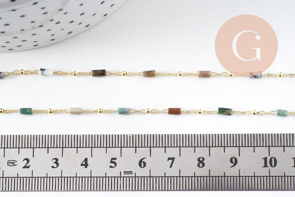Chaine perle agate mousse naturelle laiton doré 18K 7x2mm, x1 mètre (G5444)