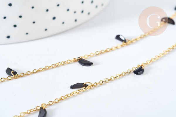 Chaine perle plexiglas facettée noire laiton doré 7x3mm, création de bijoux coloré DIY, x1 mètre G7824