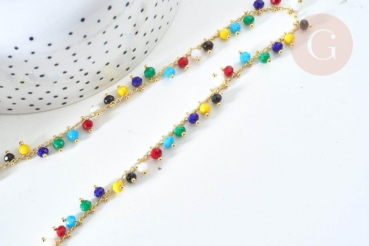 Chaine perle verre facettée abacus coloré laiton doré 7x4mm, création de bijoux coloré DIY, x1 mètre (G7817)