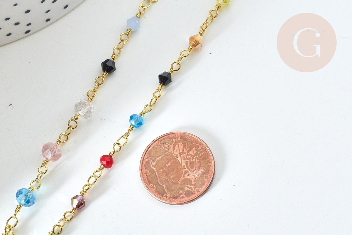Chaine perle verre facettée coloré fer doré 4~6x3~5mm, création de bijoux coloré DIY, x1 mètre (G7816)