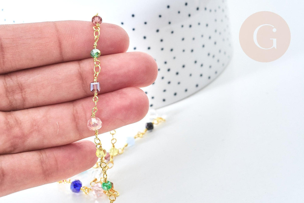 Chaine perle verre facettée coloré fer doré 4~6x3~5mm, création de bijoux coloré DIY, x1 mètre (G7816)
