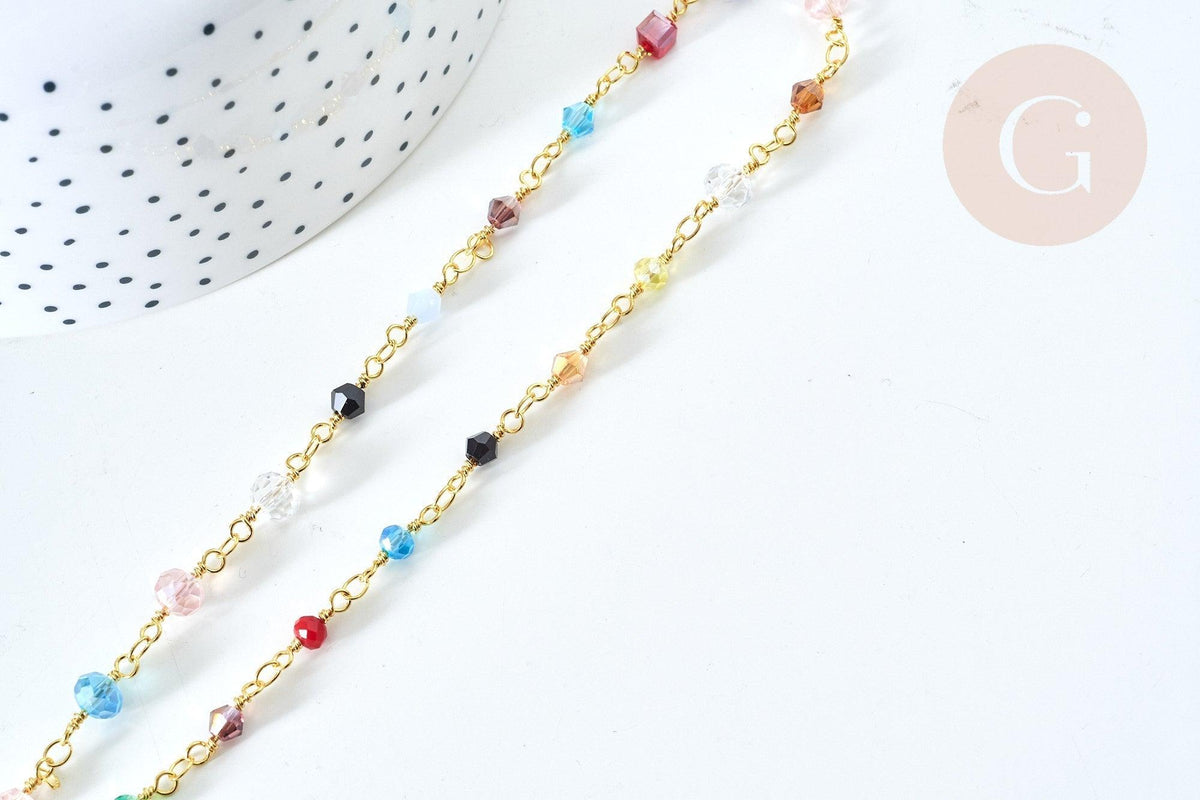 Chaine perle verre facettée coloré fer doré 4~6x3~5mm, création de bijoux coloré DIY, x1 mètre (G7816)