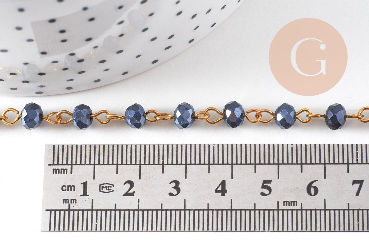 Chaine dorée perle cristal noir, chaine collier ,chaine lunettes, chaine fantaisie, 6x4mm,1 metre, x1 (G3460)