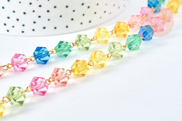 Chaine perles acrylique fer doré géométrique facettée couleur mixte 15mm, perle acrylique ,perle géométrique 15mm x1 mètre (G7215)