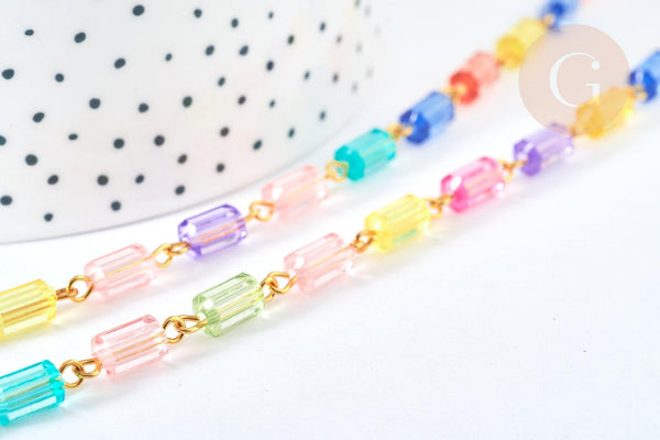 Chaine perles acrylique tube multicolore métal doré 8,5-9,5mm, création bijoux colorés, x 1Mètre (G7183)
