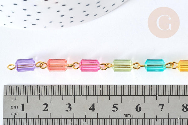 Chaine perles acrylique tube multicolore métal doré 8,5-9,5mm, création bijoux colorés, x 1Mètre (G7183)