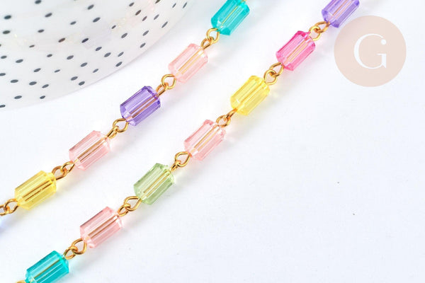 Chaine perles acrylique tube multicolore métal doré 8,5-9,5mm, création bijoux colorés, x 1Mètre (G7183)