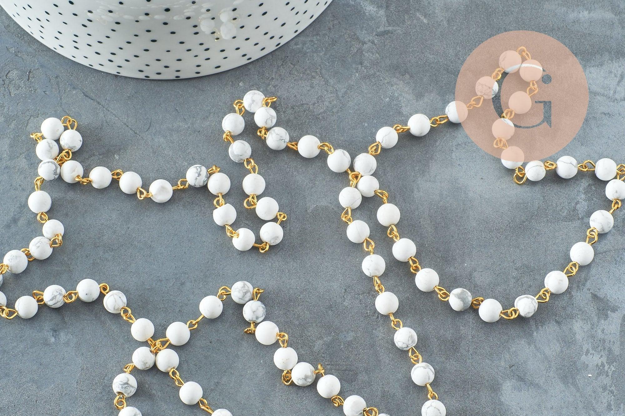Chaine dorée perle howlite naturelle 6.5mm, chaine pierre, pierre naturelle chaine lunettes, x 1Mètre (G4141)