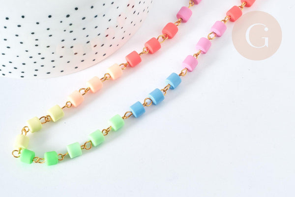 Chaine perles tubes polymère multicolore heishi fer doré 6mm, fabrication bijoux coloré, x1m (G7237)