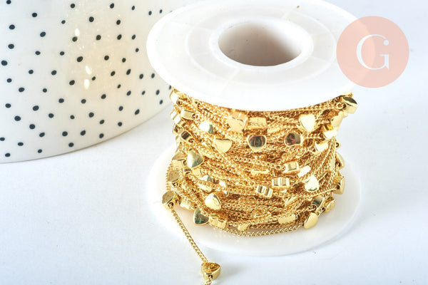 Chaine satellite coeur laiton doré 18 carats 4.5x1mm,chaine dorée x1 metre, (G6783)