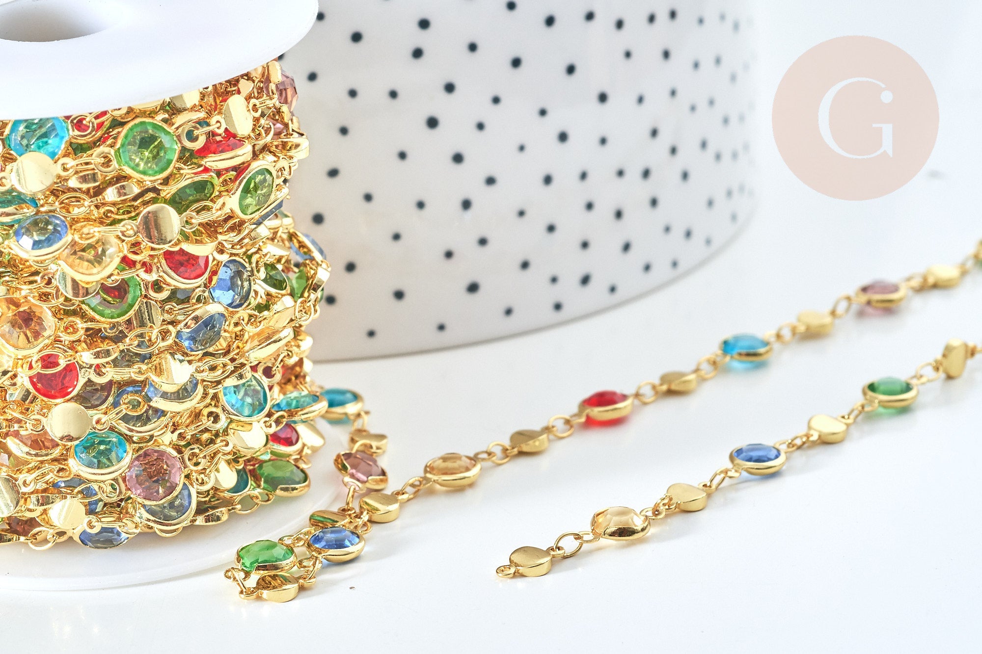 Chaine soudée perle verre laiton doré couleur mixte 13mm, chaine collier création bijoux, x 50cm G7823