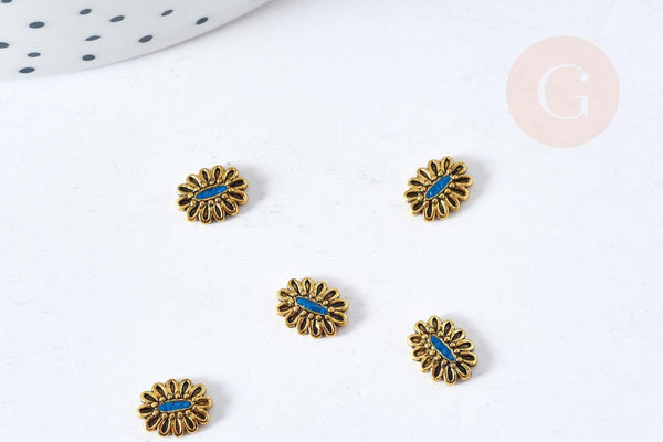 Charm à coller fleur ovale zamac bronze émail bleu 8mm, x5 (G8571)