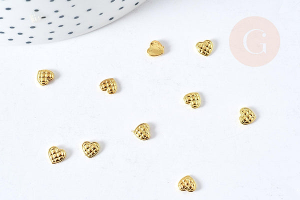 Charm à coller zamac doré coeur texturé .5mm,thème amour et amitié, fournitures à coller décors pierres et bijoux, x10 G8524