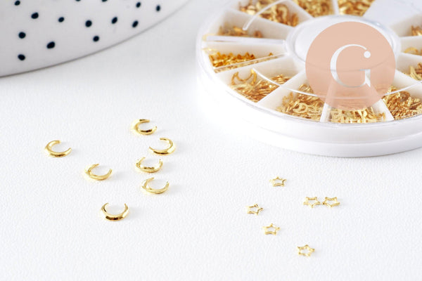 Charm à coller zamac doré, lune et étoile, fournitures à coller pour décorer pierres et bijoux,4-5mm, boite de 200, x1 (G5244)