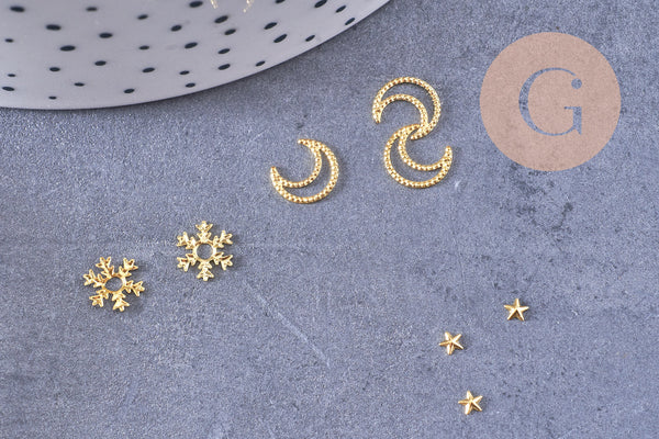 Charm à coller zamac doré soleil,lune, étoile,neige 4-5mm, x1 boite de 200 (G4012)