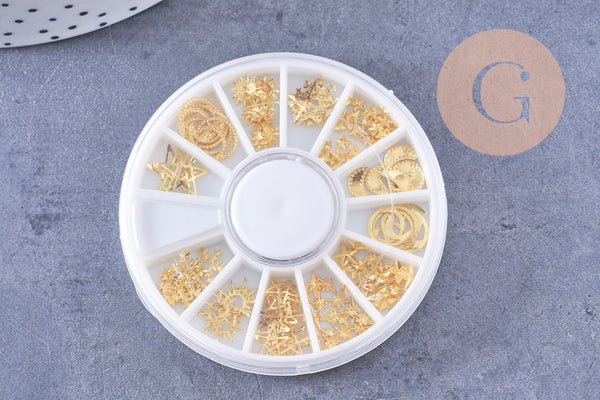 Charm à coller zamac doré soleil,lune, étoile,neige 4-5mm, x1 boite de 200 (G4012)