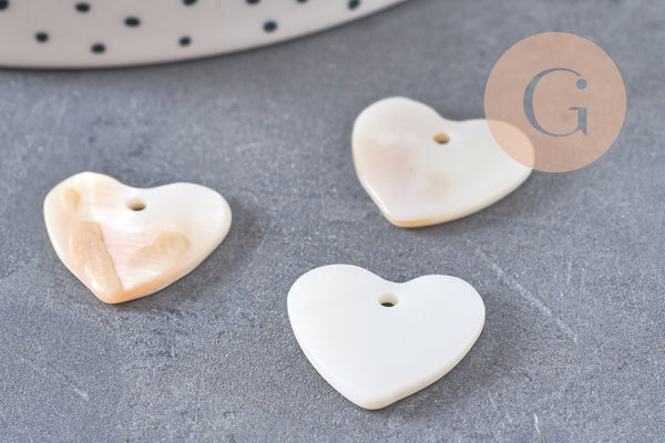 Charm coeur nacre blanche naturelle 19mm, x5 (G1069)