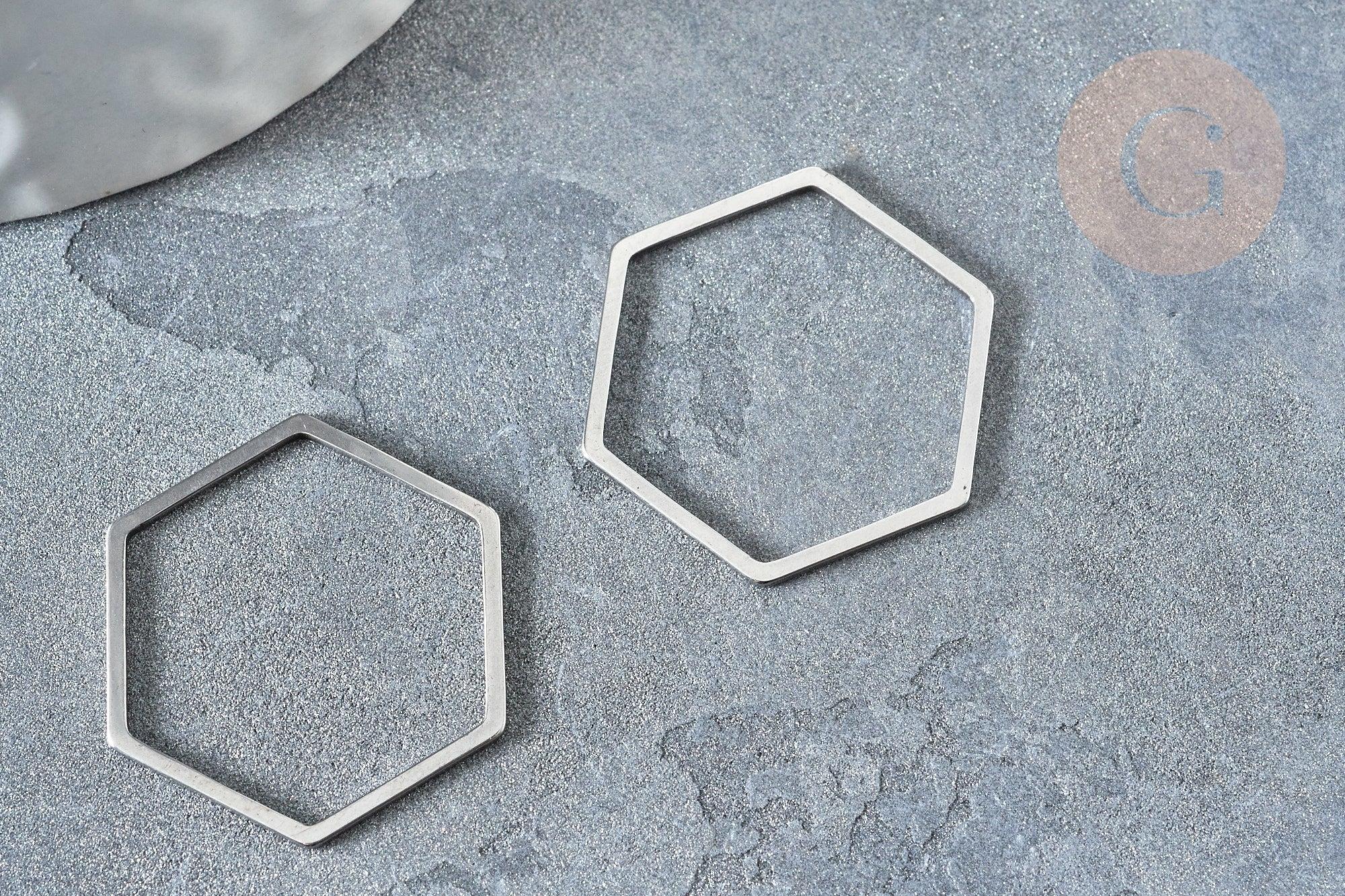 Charms hexagone acier 201 inoxydable argenté 20mm,création bijoux acier inoxydable, x1 G7863