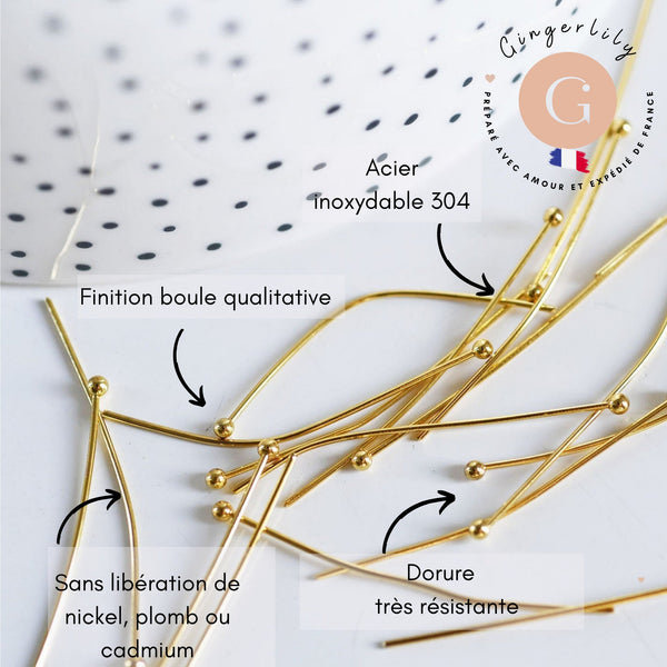 Clou tige tête boule acier 304 inoxydable doré 41mm, x20 (G6227)