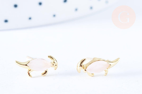 Clous d'oreille Dinosaure parasaurolophus laiton zircon rose avec poussoirs d'oreilles, idées cadeaux femmes fille, la paire (G7920)