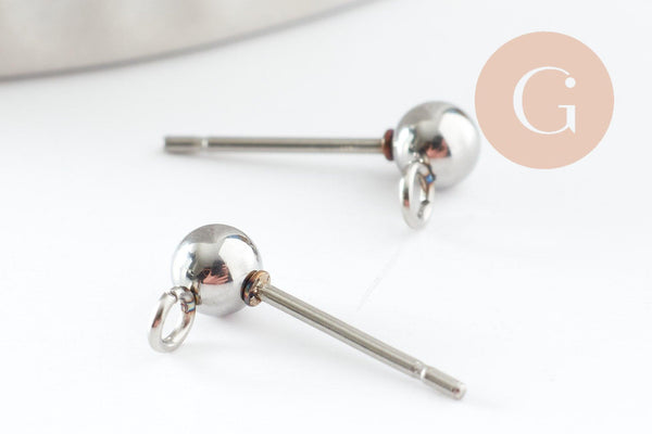 Clous puces oreille boule acier 304 inoxydable platine avec anneau 15mm, x10 (G9646)