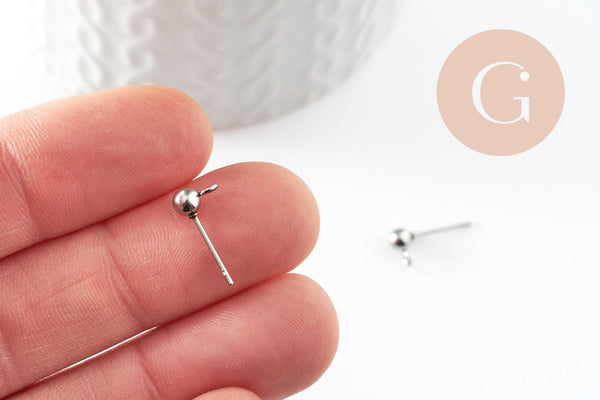 Clous puces oreille boule acier 304 inoxydable platine avec anneau 15mm, x10 (G9646)